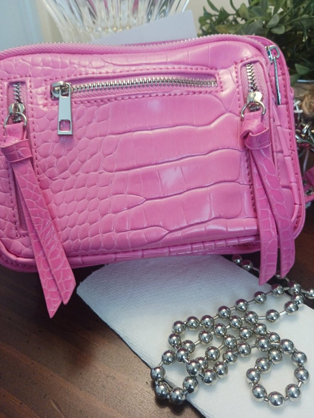 NWT Vegan Leather Urban Outfitters Hot Pink Crossbody Bag With Metal Ball Chain